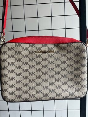 Michael Kors Beige MK Logo Crossbody with Red Trim